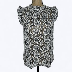 Black White Floral Mesh Lace Top Sz S? Ruffle Neck Sleeve Boho Dark Romantic